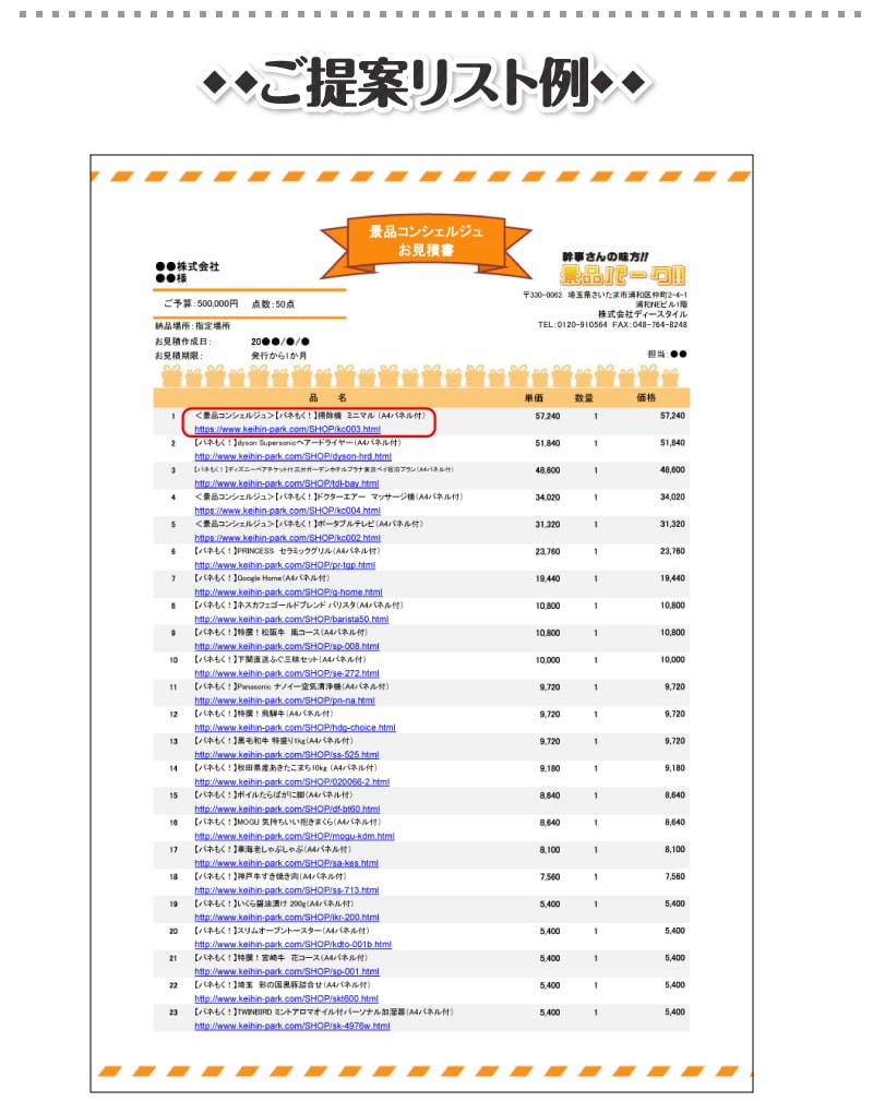 景品コンシェルジュ・オリジナル商品例