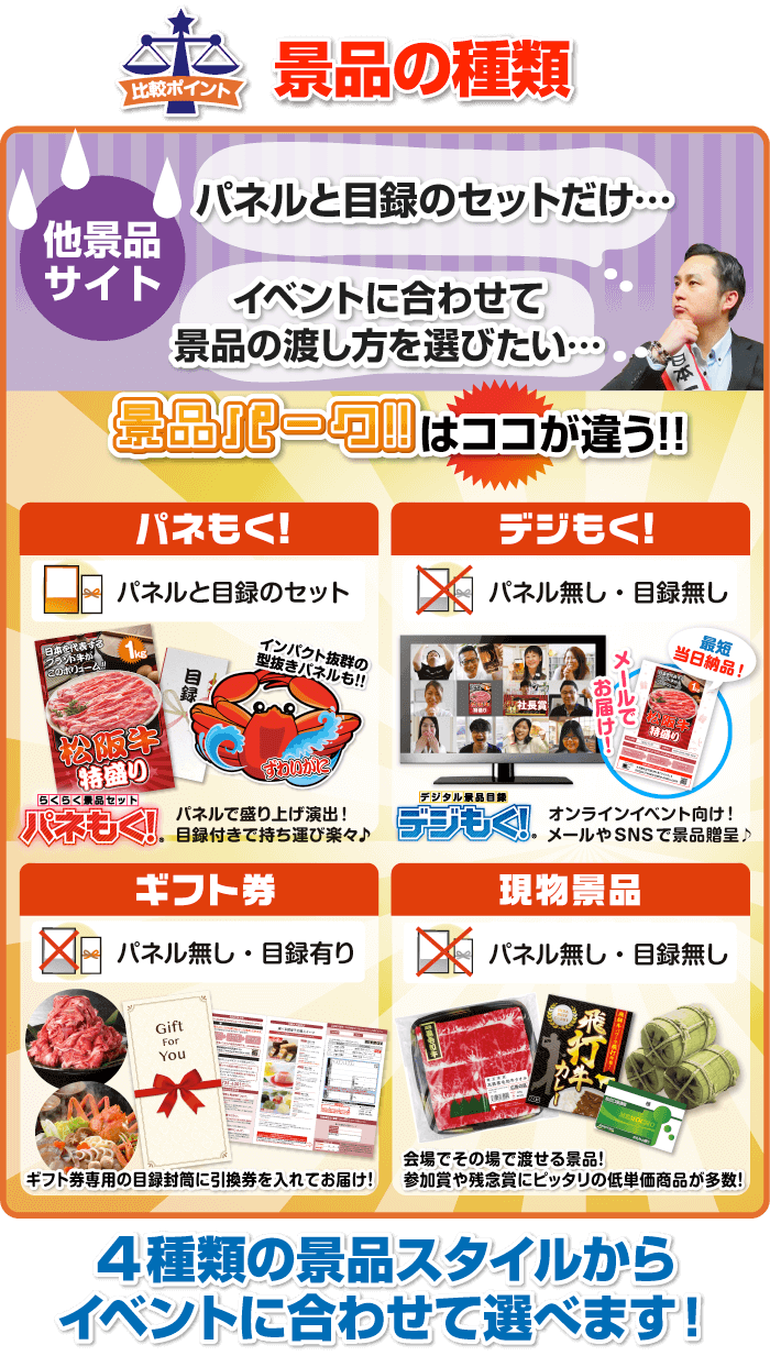4種類の景品スタイルからイベントに合わせて選べます!