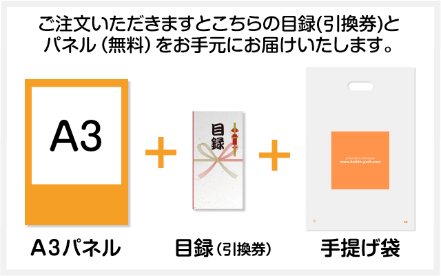 ご注文いただきますと目録(引換券)とA4パネル（無料）と手提げ袋をお手元にお届けいたします。