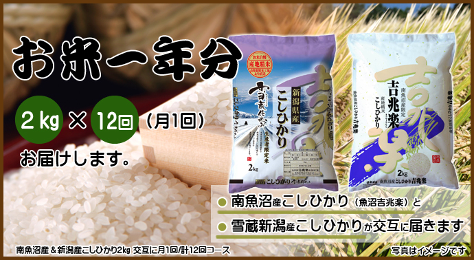 <お米一年分>南魚沼産&新潟産こしひかり2kgコース