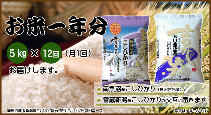 <お米一年分>南魚沼産&新潟産こしひかり5kgコース